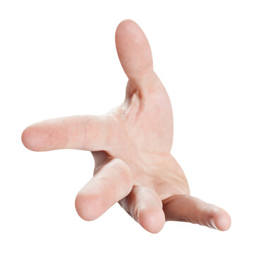 Hand reaching forward with open palm gesture, isolated on transparent cutout background