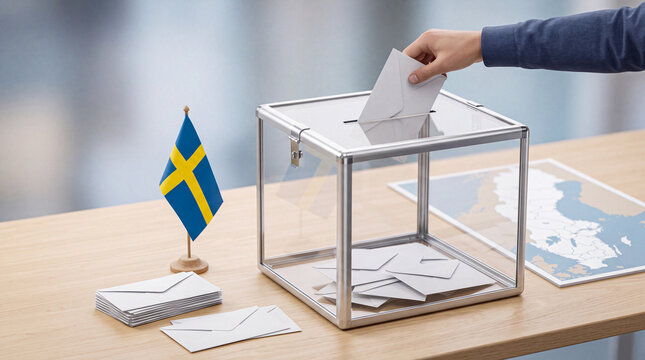 Swedish Election Concept with Transparent Ballot Box, Voting Envelopes, and Sweden Map Flag in 3D Rendering for Political and Democratic Voting Illustrations
