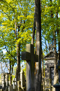 Large stone crosses in a historic European cemetery surrounded by tall trees and lush green foliage, with an ornate family mausoleum in the background on a sunny day
