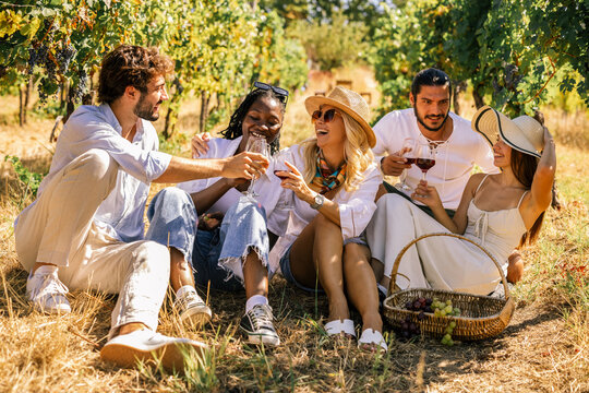 Friends enjoying wine and conversation together in a sunny vineyard