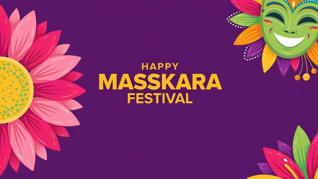 Happy masskara festival banner with colorful mask and flowers on a purple background