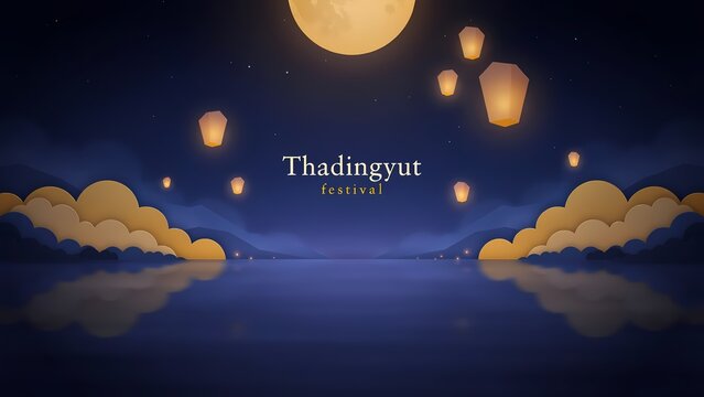 Thadingyut festival illustration with floating lanterns and full moon in the night sky