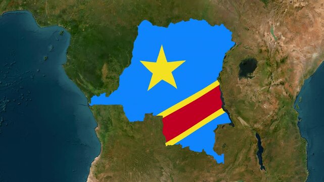 Satellite map animation of the Democratic Republic of the Congo with moving clouds, growing ink-shape waving flag of the country, white outline indicating the border. Highlighted territory.