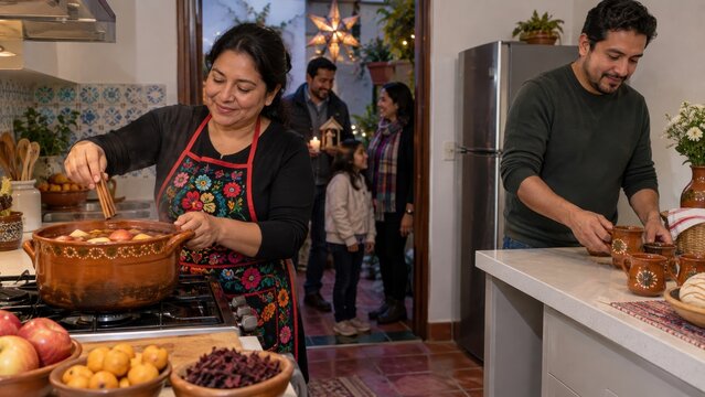 Mexican woman adding cinnamon to traditional fruit punch