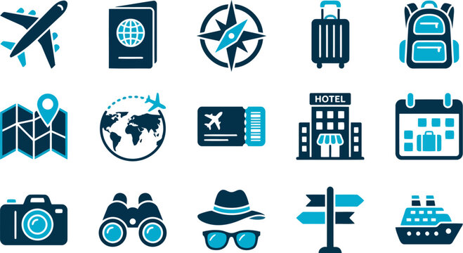 Travel and tourism blue icon set featuring airplane, passport, compass, luggage, map, ticket, hotel, and camera for travel agency