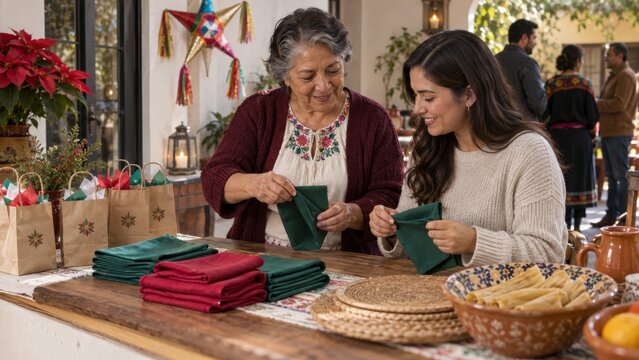 Mexican women folding napkins for Las Posadas celebration