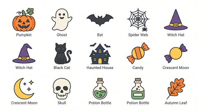 Set of colorful Halloween icons featuring pumpkin ghost black cat haunted house and spooky magical items