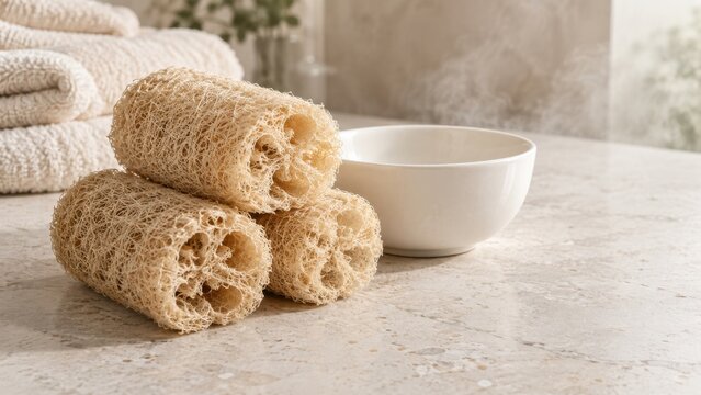 Natural loofah sponges and white bowl on bathroom counter