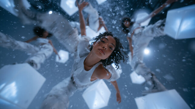 Contemporary Dancers in White Floating with Glowing Cubes