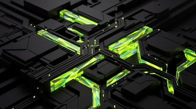 Futuristic Circuit Board with Glowing Green Energy Channels