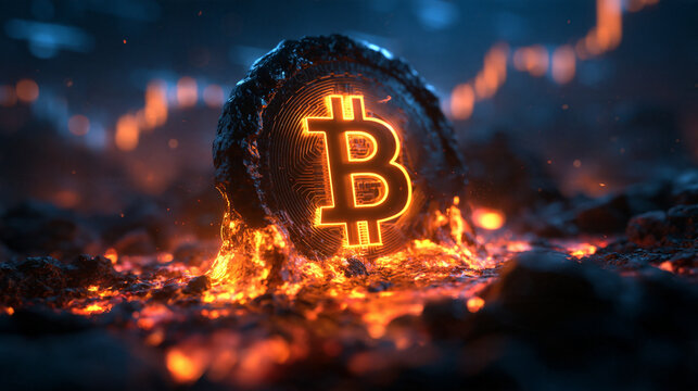 Glowing Bitcoin Coin Melting in Fiery Volcanic Lava