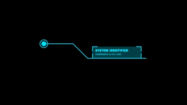 Futuristic HUD element with glowing blue callout lines and system identified text for digital interfaces