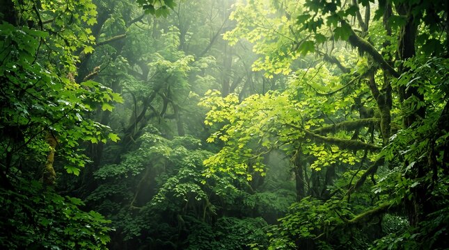 Lush Rainforest Canopy with Sunlight Filtering Through Dense Foliage