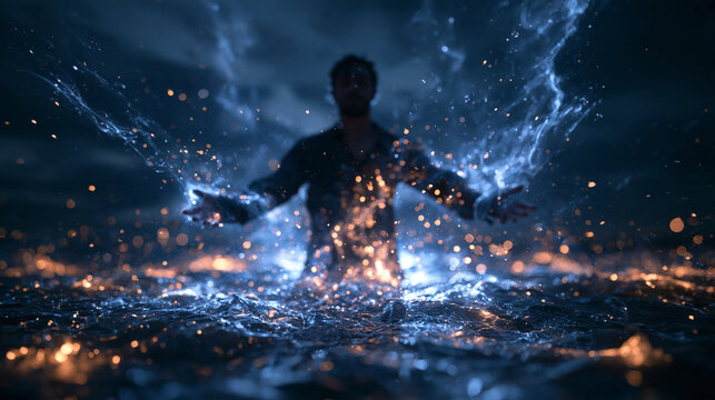 Man Emerging from Water with Glowing Magical Energy