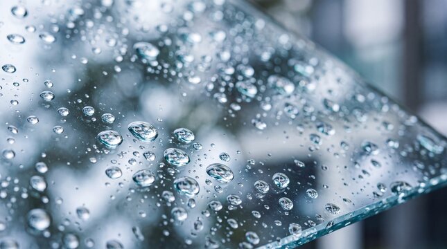 Water Drops on Transparent Glass Surface Close Up