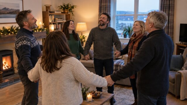 Happy friends linking hands in circle at home celebration