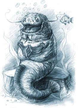 Underwater catfish monster with fish