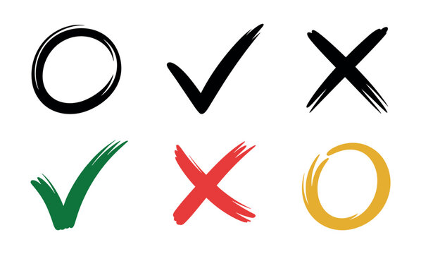 Hand-drawn brush stroke symbols, including black circles, check marks, and crosses with red and yellow accents