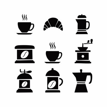 Coffee and Breakfast Icons Silhouette Vector with Croissant, Coffee Cups, Espresso Maker, Grinder, and French Press Isolated on White Background