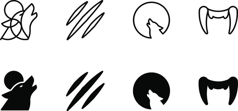 Set of black and white wolf symbols and silhouettes with silhouette abstract creature predator creativity isolated
