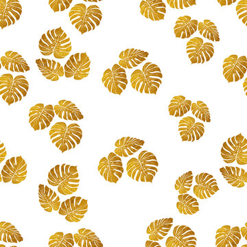 Golden monstera leaves seamless pattern vector illustration on transparent background