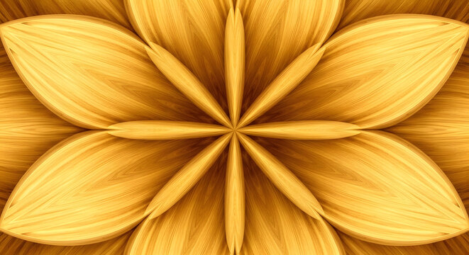 Golden symmetrical wood texture abstract flower pattern digital art design