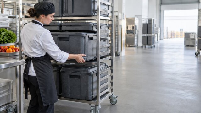 Chef arranging thermal containers in catering kitchen
