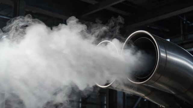 Industrial steam vents billowing smoke outdoors in a factory setting.