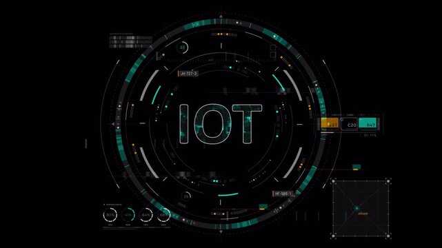 Motion graphic of an internet of things digital interface featuring a futuristic hud with data visualization, designed for tech presentations, alpha channel included.