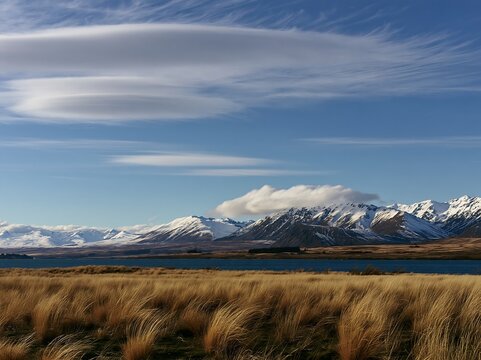Meadow with snowy alps in Lake Tekapo