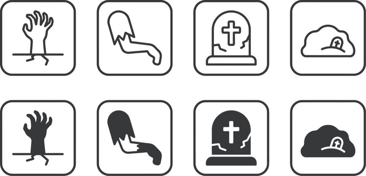 Icon set of spooky cemetery elements including rising hands tombstones and burial mounds with cemetery