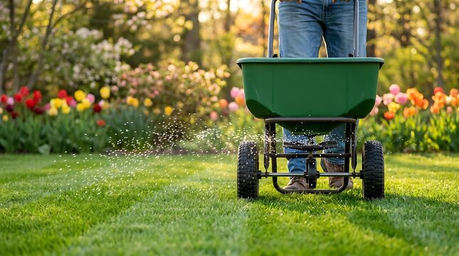 Low angle view of a person using a green push walk-behind broadcast fertilizer spreader to distribute lawn food over a vibrant green grass field in springtime.