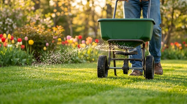 Person fertilizing green lawn with spreader machine during golden hour with blooming tulips and flowers in background for garden care and lawn maintenance services.