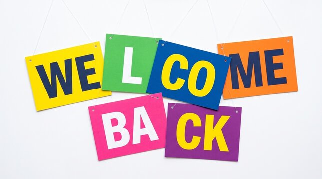 Bright colorful welcome back signs hanging on strings celebrating reunion or return to office school event