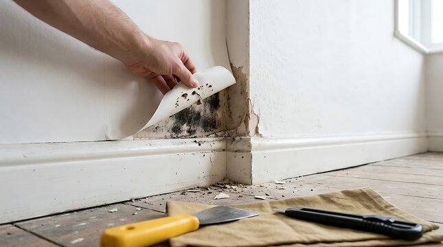 Hand peeling wallpaper revealing black mold growth on damp wall corner near baseboard with scraping tools on floor.