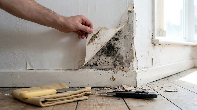 Hand peeling wallpaper revealing black mold growth on damp wall corner near baseboard with scraping tools on floor.