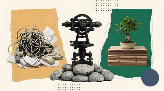 Theodolit antik di atas batu di antara tumpukan kabel berantakan dan tanaman bonsai   