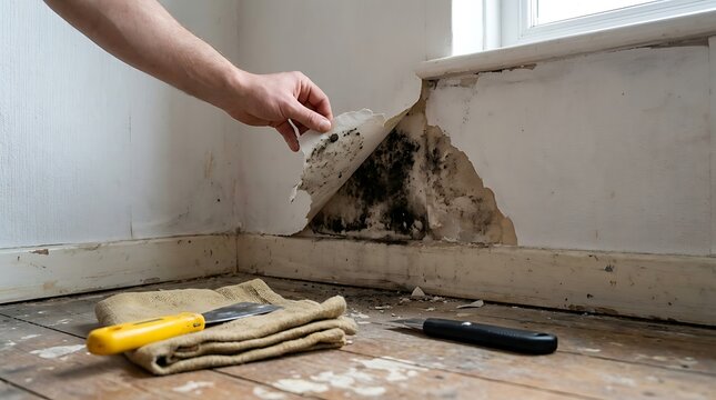 Hand peeling wallpaper revealing black mold growth on damp wall corner near baseboard with scraping tools on floor.