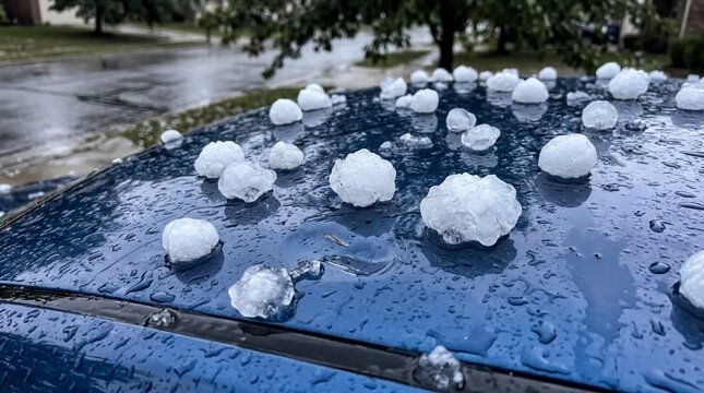 severe weather effects, large hailstones accumulate on a shiny blue car roof after a storm