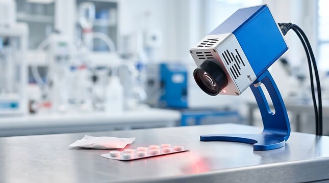 Laser marking machine for precise labeling on pharmaceuticals and packaging in laboratory.