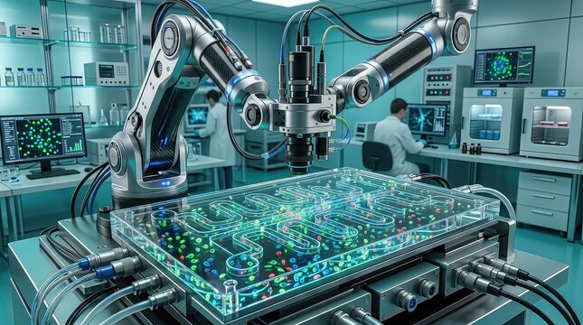 Futuristic biomedical laboratory where an autonomous robotic microscope analyzes living cells inside a transparent microfluidic device