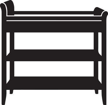 Nursery changing table black vector icon with three tiers for baby diaper changing and storage.