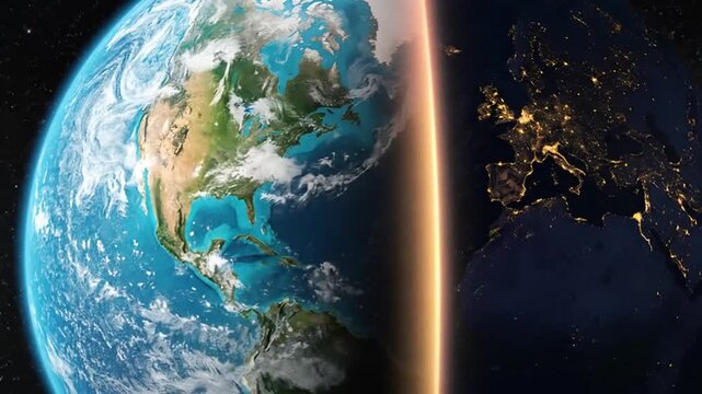 Earth's Transition from Day to Night Showcasing Continental Darkness and Illumination