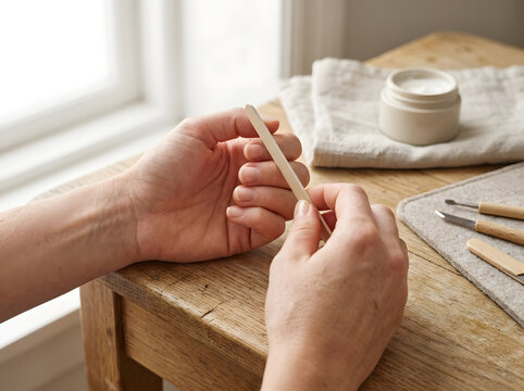 Hands filing fingernails with a nail file on a wooden surface
