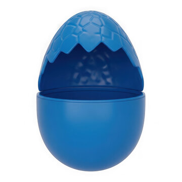 Blue open plastic egg with cracked top shell isolated on checker pattern.