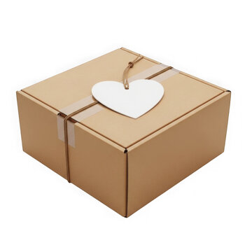 Cardboard parcel box with blank white heart gift tag isolated on white.