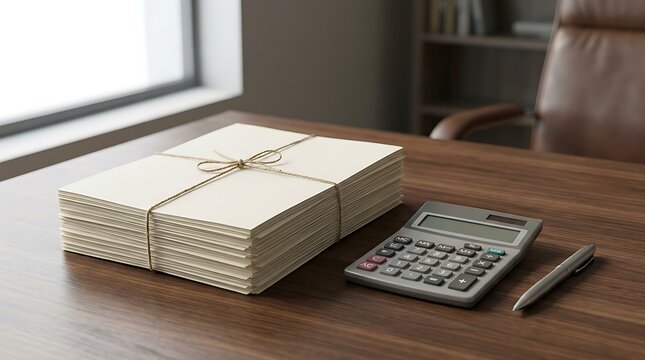 Bankruptcy chapter paperwork neatly tied with twine and calculator on desk representing business liquidation