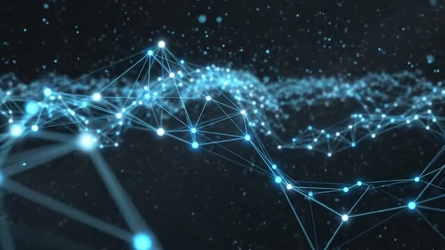 Dynamic Digital Network Visualization Showcasing Connected Data Points and Flowing Light Waves