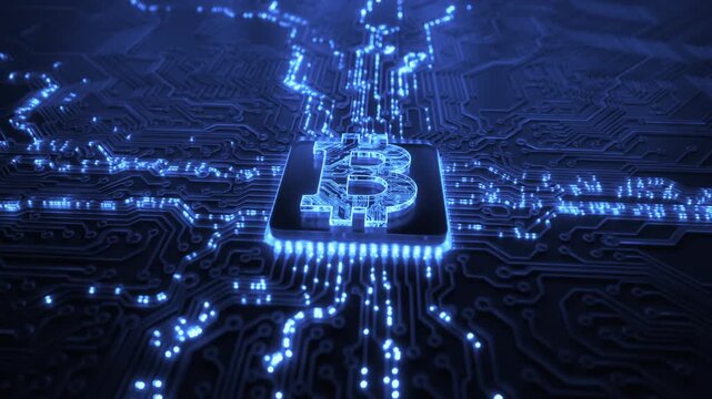 Bitcoin crypto currency digital technology on circuit board. Abstract futuristic 3D render background. Future of money global market exchange. Lightning network transactions. BTC mining concept