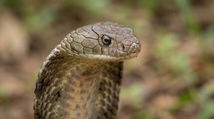 Obraz premium Close-up portrait of a brown cobra with expanded hood in natural habitat